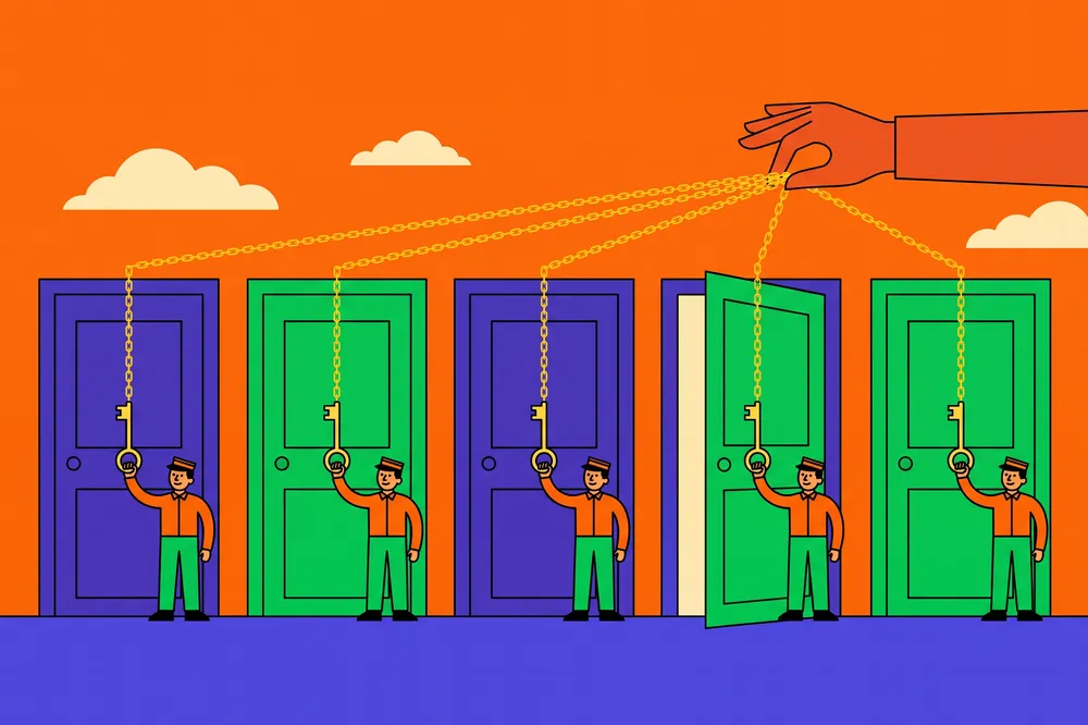 Five doormen each hold up a key; all keys hang from a single chain leading to a hand outside the frame.
