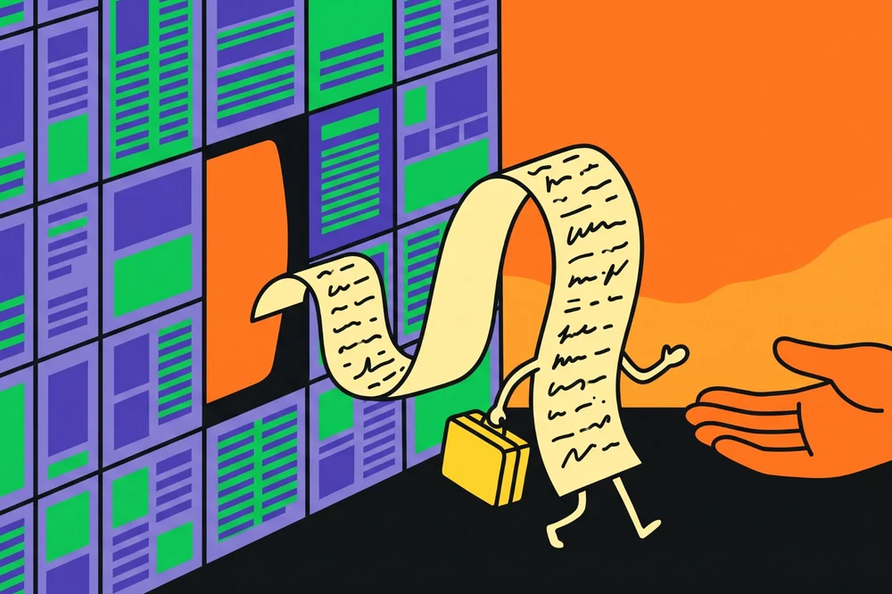 A strip of paper covered in lines of text steps out of a grid of page blocks carrying a small suitcase, heading for an open hand; an empty slot is left where it stood.